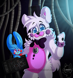 5_fingers anthro big_eyes black_nose blue_body blue_eyes blue_fur blue_hair bow_(feature) bow_tie clothing duo featureless_crotch fingers front_view fur hair hat headgear headwear holding_object inner_ear_fluff long_ears looking_at_viewer machine male nude pink_body pink_eyes pink_fur puppet short_hair size_difference smile standing teeth toony top_hat tuft white_body white_fur white_hair amanddica five_nights_at_freddy's scottgames sister_location funtime_freddy_(fnafsl) puppet_bonnie_(fnafsl) animatronic bear lagomorph leporid mammal rabbit robot 2017