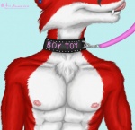 abs anthro athletic athletic_anthro athletic_male chest_tuft collar collarbone ear_piercing front_view fur leash licking licking_lips licking_own_lips male nipples piercing red_body red_fur self_lick simple_background smile solo text tongue tongue_out tuft white_body white_fur ace_stryker canid canine fox mammal 2012 english_text hi_res