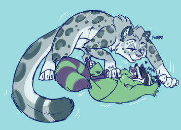 anthro anthro_on_anthro blindfold bound dominant duo female female/female fur genitals green_body green_fur grey_body grey_fur hand_grab hands_tied heart_symbol interspecies larger_dom larger_female leopard_spots lidded_eyes looking_at_another looking_at_partner looking_pleasured lying moan multi_nipple nipple_fetish nipple_play nipple_pull nipples on_back open_mouth paws purple_body purple_fur purring semi-anthro shaking size_difference smaller_female smile spots teeth tongue trembling vulva whiskers white_body white_fur littlestfuzz felid mammal pantherine procyonid raccoon snow_leopard absurd_res hi_res