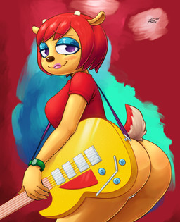 2_horns 5_fingers anthro big_butt blue_eyeshadow blush bottomless breasts brown_nose butt clock closed_smile clothed clothing electric_guitar eyebrow_through_hair eyebrows eyelashes eyeshadow female fingers fur guitar hair horn humanoid_hands lips makeup mouth_closed musical_instrument orange_body orange_ears orange_fur pink_lips plucked_string_instrument purple_eyes rear_view red_clothing red_hair red_shirt red_tail red_topwear shirt short_hair smile solo string_instrument tail tan_tail topwear translucent translucent_hair two_tone_tail watch white_horn wristwatch revtilian sr parappa_the_rapper sony_corporation sony_interactive_entertainment um_jammer_lammy lammy_lamb bovid caprine mammal sheep absurd_res hi_res