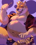 anthro areola balls_outline belly big_belly biped bottomwear bulge claws clothed clothing detailed_bulge ear_piercing facial_piercing fur genital_outline hair jockstrap looking_at_viewer male male_anthro multicolored_body multicolored_fur muscular muscular_anthro muscular_male navel nipples nose_piercing nose_ring open_mouth overweight overweight_anthro overweight_male pecs piercing ring_piercing septum_piercing simple_background smile solo striped_body striped_fur stripes teeth text topwear two_tone_body two_tone_fur underwear white_body white_fur yellow_body yellow_fur snowhund skai canid canine fox mammal absurd_res digital_media_(artwork) hi_res