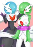 blue_hair blush bodily_fluids bound breasts clothed clothing collar duo female genital_fluids genitals green_hair hair hair_over_eye nipples non-mammal_nipples one_eye_obstructed open_mouth partially_clothed pussy red_eyes standing vaginal_fluids white_body white_skin slimysoap9 nintendo pokemon gardevoir generation_3_pokemon generation_6_pokemon mega_evolution mega_gardevoir pokemon_(species) shiny_pokemon 2016 hi_res