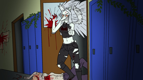 angry anthro black_bottomwear black_clothing black_crop_top black_pants black_shirt black_topwear blonde_hair blood blood_on_clothing blood_on_hand blood_splatter bodily_fluids bottomwear breasts clenched_teeth clothed clothed_anthro clothed_female clothing crop_top death doorway duo elbow_feathers eyewear feathered_wings feathers female fingers glasses grey_body grey_feathers grey_hair gun hair hallway handgun holding_gun holding_handgun holding_object holding_ranged_weapon holding_revolver holding_weapon humanoid_hands inside killing locker long_hair medium_breasts medium_hair midriff navel non-mammal_breasts non-mammal_navel open_mouth orange_eyes pants purple_bottomwear purple_clothing purple_pants ranged_weapon revolver school shirt short_tail smoke tail teeth topwear torn_bottomwear torn_clothing torn_pants weapon white_clothing white_shirt white_topwear wings mozzieslaya goodbye_volcano_high ko_op_(game_developer) fang_(gvh) naomi_(gvh) dinosaur hadrosaurid ornithischian ornithopod parasaurolophus prehistoric_species reptile scalie 16:9 colored hi_res shaded widescreen