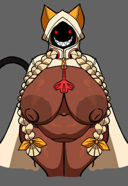 areola belly big_areola big_breasts big_nipples black_tail bottomless bottomless_female bottomless_humanoid braided_hair breasts brown_areola brown_body brown_breasts brown_nipples brown_skin brown_vulva clothed clothing female female_humanoid front_view genitals glistening glistening_areola glistening_belly glistening_breasts glistening_nipples glistening_thighs grin hair hoodie huge_areola huge_breasts navel nipples overweight overweight_female overweight_humanoid pigtails plump_labia red_eyes shadow_face sharp_teeth smile solo tail tan_clothing tan_hair tan_hoodie tan_topwear teeth topwear twin_braids vulva ribznsfw arc_system_works blazblue taokaka animal_humanoid cat_humanoid felid felid_humanoid feline feline_humanoid humanoid kaka_(blazblue) mammal mammal_humanoid 2026 digital_media_(artwork) hi_res