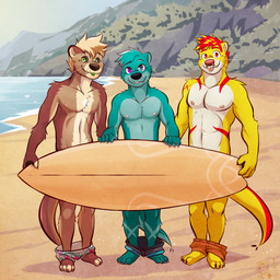 5_fingers anthro athletic athletic_anthro athletic_male beach beach_background biped black_nose black_sclera blep blonde_hair blue_body blue_eyes blue_fur bottomwear bottomwear_down brown_body brown_fur brown_nose chest_tuft clothed clothing convenient_censorship cute_fangs facial_piercing fangs fingers fur fur_markings green_tongue group hair heterochromia holding_object holding_surfboard looking_at_viewer male markings nipples nose_piercing partially_clothed piercing pose purple_eyes red_eyes red_hair red_markings smile surfboard swimming_trunks swimming_trunks_down swimwear swimwear_down tan_body tan_fur teeth tongue tongue_out trio tuft yellow_body yellow_fur ventkazemaru mammal mustelid otter 1:1 character_request hi_res