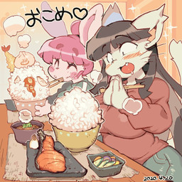 anthro bangs black_eyes black_hair blush bodily_fluids bottomwear chopsticks clasped_hands clothed clothing cute_fangs drooling duo ear_tuft eating eyes_closed fangs female food fully_clothed fur furniture hair happy kemono long_hair long_sleeves open_mouth pink_body pink_fur pink_hair ponytail rice saliva steam table teeth text topwear tuft whiskers white_body white_fur sanjiro chao_pyon_pyon jyuri_(ziroro326) domestic_cat domestic_rabbit felid feline felis lagomorph leporid mammal oryctolagus rabbit 1:1 2020 aliasing dated digital_media_(artwork) japanese_text shaded translation_check translation_request