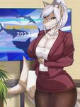 anthro big_breasts biped blue_eyes breasts cleavage clothed clothing detailed_background female front_view hair looking_at_viewer smile solo tan_body white_hair q_wed discovery_channel shark_week fish marine shark absurd_res hi_res meme