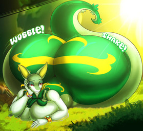 5_fingers anthro apode big_breasts big_butt breasts butt eyebrows female fingers grass green_body huge_breasts huge_butt hyper hyper_butt legless plant red_eyes serpentine solo text nightlyflare nintendo pokemon draconcopode generation_5_pokemon naga pokemon_(species) serperior 2025 hi_res