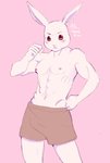 abs anthro bottomwear clothed clothing crossgender fist frown ftm_crossgender hand_on_hip looking_at_viewer male muscular muscular_anthro muscular_male pecs pink_background shorts simple_background solo topless white_body ale_vananice beastars haru_(beastars) domestic_rabbit dwarf_rabbit lagomorph leporid mammal oryctolagus rabbit hi_res portrait three-quarter_portrait