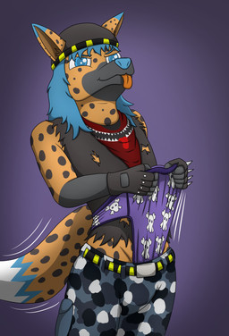 anthro ballbusting belt bottomwear briefs clothing cock_and_ball_torture frontal_wedgie genital_torture gloves handwear hat headgear headwear kerchief looking_at_viewer male motion_lines multicolored_body pants purple_clothing purple_underwear self_wedgie smile smiling_at_viewer smirk smirking_at_viewer solo spots standing tongue tongue_out topwear torn_clothing two_tone_body underwear vest wedgie tacomytaco tokky canid canine fox hybrid hyena hyox mammal absurd_res hi_res