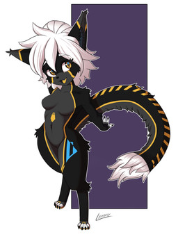 anthro black_body breasts cute_fangs dipstick_tail fangs featureless_breasts featureless_crotch female fur fur_markings grey_body hair machine markings solo tail tail_markings teeth white_hair vinael warning_(fluff-kevlar) android felid feline mammal robot hi_res signature