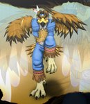 2017 absurd_res accipitrid accipitriform anthro avian beak belt bird black_beak blowup_background blue_bottomwear blue_clothing bottomwear capcom clothed clothing feathers feet foot-paws front_view full-length_portrait hi_res looking_at_viewer multicolored_beak portrait simple_background solo street_fighter t._hawk_(street_fighter) tail tail_feathers talons toes two_tone_beak white_body white_feathers yellow_beak