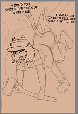 anthro axe belt boots branch butt clothing female footwear hanging_from_branch hanging_wedgie hat headgear headwear holding_axe holding_object lumberjack plant profanity shoes text three-quarter_view tree underwear wedgie posspowered genna_sherman_(posspowered) axehandle_hound canid canine fearsome_critter mammal english_text hi_res