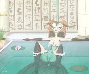 anthro bath bathing blush breasts brown_body egyptian eyeliner eyes_closed feathers female flower genitals lily_pad looking_at_viewer makeup plant relaxed_expression relaxing slim small_waist solo spread_legs spreading tail thick_thighs vulva waterfall wet wet_body wet_feathers wide_hips gatojack3 immortal_hawk avian bird eurasian_eagle-owl horned_owl owl owl_demon true_owl hi_res hieroglyphic_text