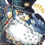 ankh anthro beak blue_body blue_feathers chain chest_tuft cop_hat ear_piercing ear_ring eye_patch eyewear feathers hair male piercing police ponytail ring_piercing solo tuft white_body white_feathers yokuzi_41 lifewonders tokyo_afterschool_summoners horus_(tas) accipitrid accipitriform avian bird eagle 1:1 hi_res