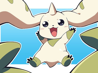 anthro blush blush_lines fur fur_markings glistening glistening_eyes gloves_(marking) happy horn long_ears male markings multicolored_body multicolored_fur open_mouth simple_background smile solo tongue white_body white_fur yuzuaccident bandai_namco digimon digimon_(species) terriermon 4:3