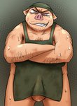 anthro apron arm_hair balls belly biped bodily_fluids body_hair bulge chest_hair clothed clothing crossed_arms erection erection_under_clothing evil_grin genitals hairy kemono looking_at_viewer male overweight overweight_anthro overweight_male smile solo sweat diru11 domestic_pig mammal suid suine sus_(pig) 2015 hi_res