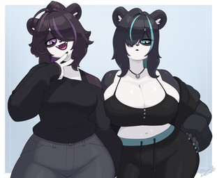 5_fingers anthro big_breasts black_hair black_nose blue_eyes blue_hair blue_highlights breasts clothed clothed_anthro clothed_female clothing duo eyebrows eyelashes fangs female female_anthro fingers geometric_background gesture hair hair_over_eye hand_gesture hand_on_hip highlights_(coloring) huge_breasts inner_ear_fluff jewelry looking_at_viewer midriff multicolored_hair necklace open_mouth open_smile purple_eyes purple_hair purple_highlights simple_background smile teeth thick_thighs tongue tuft two_tone_hair v_sign wide_hips skecchiart belinda_(skecchiart) vivian_vivi bear giant_panda mammal 2026 hi_res sibling_(lore) sister_(lore) sisters_(lore)