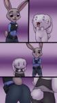 anthro butt butt_shot clothed clothing duo female fur grey_body grey_fur hero_worship police police_uniform purple_eyes simple_background uniform milachu92 disney zootopia judy_hopps lantha lagomorph leporid mammal rabbit 2017 comic digital_media_(artwork) hi_res