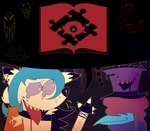 anthro blue_hair bodily_fluids clothing duo fingerless_gloves gloves grin hair handwear logo male red_hair smile tears topwear helelos_(artist) escape_to_nowhere helelos avian bat canid canine canis demon familiar felid feline hybrid imp mammal monster wolf