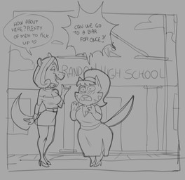 anthro blush blush_lines clothing dialogue dress duo female flagpole high_school mature_anthro mature_female night outside prom scared school simple_background speech_bubble text transparent_background dbaru nickelodeon t.u.f.f._puppy counting_cougar mrs._katswell cougar domestic_cat felid feline felis mammal 2025 alpha_channel english_text hi_res monochrome