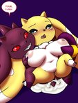 3:4 3_toes anthro areola arurri bandai_namco big_breasts blue_eyes blush bodily_fluids breasts brown_body brown_fur claws countershade_body cum curvy_figure cute_fangs dialogue digimon digimon_(species) digital_media_(artwork) dipstick_ears duo dwarfism ear_markings english_text fakemon fan_character feet female female/female fenekmon finger_claws floppy_ears fur furball genital_fluids genitals hi_res horn hybrid lagomorph long_ears lopmon lopmon_x mammal markings multicolored_body multicolored_ears multicolored_fur navel neck_tuft nipples nude open_mouth presenting pussy red_eyes red_sclera sex short_stack simple_background smile snaggle_tooth speech_bubble terriermon text thick_thighs toe_claws toes tuft two_tone_body two_tone_fur vaginal white_body white_fur x-digimon yellow_body yellow_fur