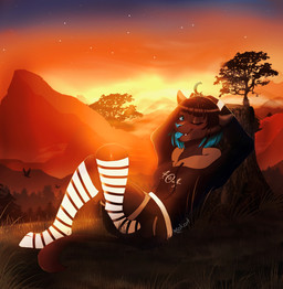 anthro black_body black_fur blue_eyes blue_hair blue_tongue clothed clothing fur gynomorph hair hoodie intersex legwear solo sunset thigh_highs tongue topwear makart blakie_bell felid mammal hi_res