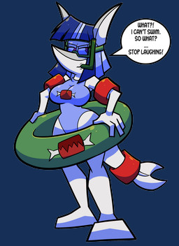 blue_hair clothing dialogue diving_mask female grey_body grumpy hair inflatable inflatable_armbands mask one-piece_swimsuit pool_float pool_toy simple_background snorkel speech_bubble swim_ring swimwear text transparent_background white_body pembrokewkorgi finessa_darkfin aquatic fish shark absurd_res alpha_channel english_text hi_res