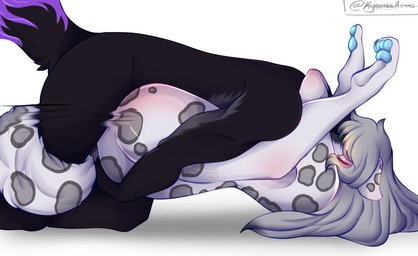 anthro blush duo ear_blush female from_front_position hidden_face holding_butt hug male male/female mating_press pawpads sex tail tail_coil tail_wrapped_around_leg kyoriss mythology chloe_rosenkranz max_silverstone canid canid_demon canine demon felid hellhound mammal mythological_canine mythological_creature pantherine snow_leopard absurd_res hi_res