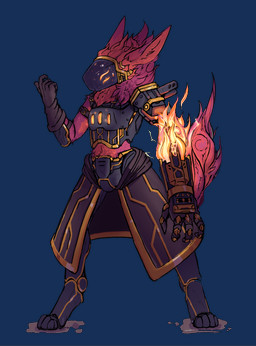 armor beckoning bottomwear clothing fire fur gauntlets gesture gloves gold_(metal) handwear machine male prosthetic prosthetic_arm prosthetic_limb red_body red_fur skirt solo standing mishey ember_(skiddy) protogen alpha_channel full-length_portrait hi_res portrait