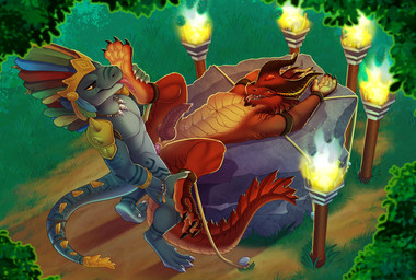 animal_genitalia anthro bdsm bondage bound claws digitigrade duo feet foot_fetish foot_lick forked_tongue from_front_position genital_slit genitals grass high-angle_view knot knotted_penis licking lying male male/male nude on_back open_mouth open_smile outside penis plant rock smile standing tongue tongue_out conditional_dnp infinitedelusion scalie hi_res