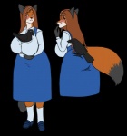 anthro beak big_breasts big_butt black_body black_fur blue_eyes blush bottomwear breast_expansion breasts brown_hair butt clothed clothing cosplay duo expansion female feral fur furgonomics hair orange_body orange_fur shirt simple_background skirt tail tail_through_skirt topwear transparent_background white_body white_fur jmadoc clock_tower_(video_game) twokinds jennifer_simpson laura_(twokinds) avian basitin bird canid canine corvid corvus_(genus) crow fox keidran mammal oscine passerine red_fox true_fox alpha_channel