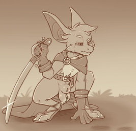 3_toes 4_fingers animal_genitalia anthro ball_tuft balls bat_ears bat_tail belt belt_buckle bent_arm bent_legs big_ears biped buckle casual_exposure cheek_tuft chest_tuft claws cloak clothing crouching digitigrade digitigrade_footwear eyebrows facial_tuft feet fighting_pose fingers fluffy_balls footwear front_view fur fur_tuft furgonomic_footwear furgonomics genitals gloves handwear head_tuft holding_melee_weapon holding_object holding_sword holding_weapon iris male male_anthro melee_weapon mostly_nude mostly_nude_anthro mostly_nude_male mouth_closed narrowed_eyes outside penis penis_tip pose pupils raised_eyebrow sandals sheath shoes simple_background slim slim_anthro slim_male snout solo straight_arm sword toe_claws toes tuft weapon atane27 turo_of_akesh bat desert_long-eared_bat mammal wingless_bat digital_media_(artwork) full-length_portrait hi_res monochrome pinup portrait sepia
