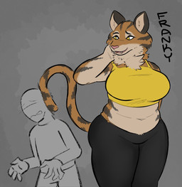 anthro big_breasts black_body black_fur breasts clothed clothing duo female fur grey_background larger_anthro larger_female male orange_body orange_fur simple_background size_difference slightly_chubby smaller_human smaller_male stripes tan_body tan_fur yellow_eyes zzx anon felid human mammal pantherine tiger 2021 digital_media_(artwork)