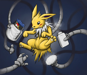 ambiguous_gender baby_powder blush diaper embarrassed feral fur held_by_waist held_up mechanical_arm powder_puff robotic_arm simple_background yellow_body yellow_fur ire-k nintendo pokemon eeveelution generation_1_pokemon jolteon pokemon_(species)