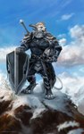 4_toes 5_fingers anthro armor claws day detailed_background digitigrade feet fingers fur hair heater_shield horn looking_aside male outside shield sky snow solo toes weapon white_body white_fur wolnir guild_wars charr felid mammal 2022 digital_media_(artwork) hi_res