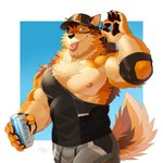 abs anthro beverage biceps blep bodily_fluids bottomwear canned_drink claws clothing energy_drink hat headgear headwear looking_at_viewer male muscular muscular_anthro muscular_male nipples one_eye_closed pawpads pecs shirt shorts solo sweat tank_top tongue tongue_out topwear wink takemoto_arashi lifewonders live_a_hero barrel_(live_a_hero) canid canine canis mammal wolf absurd_res hi_res