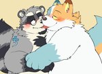 anthro blush duo eyewear glasses grey_body hug kemono kissing male overweight overweight_male tattoo tongue tongue_out white_body ginnosuke canid canine canis domestic_dog mammal procyonid raccoon 2022 absurd_res hi_res