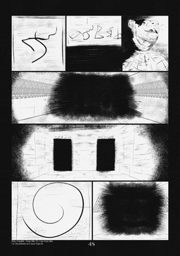 7_panel_comic anthro biped black_eyes black_hair clothed clothing corridor floor hair male open_mouth page_number solo standing symbol teeth text tongue wall_(structure) whiskers white_sclera white_text leprzil mammal murid murine rat rodent 2026 artist_name comic english_text hi_res monochrome