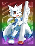 anthro bandage belt belt_buckle bottomwear buckle clothing diamond_(marking) footwear hair hoodie macro male markings ponytail rainbow_background shorts simple_background socks solo stamp toeless_footwear toeless_socks topwear unbuttoned_topwear young akino-kamihara nintendo pokemon akino_(akino-kamihara) generation_1_pokemon ninetales pokemon_(species) 3:4 absurd_res hi_res