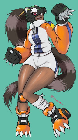 bottomwear claws clothing dark_body dark_skin female hair paws ponytail raccoon_tail_hair red_eyes sharp_teeth shorts smile solo teeth track_jacket mas_square bandai_namco digimon digimon_beatbreak bearcatmon binturong_humanoid digimon_(species) humanoid hi_res