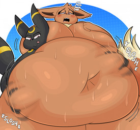 anthro belly belly_grab belly_overhang belly_squish big_belly big_breasts black_body black_ears black_eyes black_mouth black_nose black_tail bloated blush bodily_fluids breast_squish breasts brown_body brown_ears brown_hair brown_inner_ear brown_tail chubby_cheeks dipstick_tail duo female hair hand_on_another's_belly hand_on_belly hand_on_breast hand_on_own_breast huge_belly huge_breasts huge_thighs hyper hyper_belly hyper_breasts hyper_thighs looking_at_belly looking_at_own_belly looking_down looking_down_at_self male markings morbidly_obese morbidly_obese_anthro morbidly_obese_female motion_blur motion_lines navel obese obese_anthro obese_female onomatopoeia open_mouth overweight overweight_anthro overweight_female pink_tongue red_eyes shaking_belly slosh sloshing_belly smile sound_effects squish sweat sweaty_belly sweaty_breasts sweaty_legs sweaty_thighs tail tail_markings tan_tail_tip teeth text thick_thighs three-quarter_view tongue tongue_out yellow_markings blitzyflair nintendo pokemon eevee eeveelution generation_1_pokemon generation_2_pokemon pokemon_(species) umbreon 2026 colored digital_media_(artwork) hi_res portrait shaded three-quarter_portrait