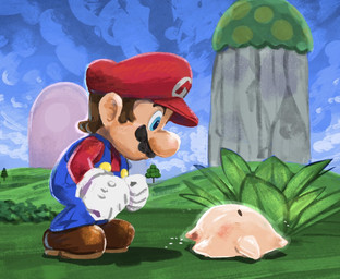 big_nose blue_eyes brown_clothing brown_footwear brown_hair brown_shoes clothing duo eyes_closed facial_hair featureless_feet featureless_hands feet footwear gloves grass hair handwear hat headgear headwear lying mustache on_back overalls pink_body plant red_clothing red_hat red_headwear red_shirt red_topwear shirt shoes topwear white_clothing white_gloves white_handwear ya_mari_6363 mario_bros nintendo baby_luma mario human luma mammal 2025 digital_media_(artwork) digital_painting_(artwork) hi_res painting_(artwork)