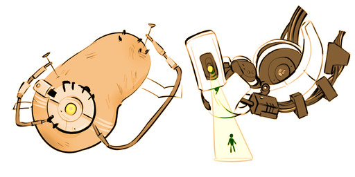 alligator_clip ambiguous_gender black_body brown_body computer electronics food lenses machine nail not_furry plant potato simple_background solo spotlight_beam vegetable white_background white_body wire petitcroc portal_(series) valve glados potatos_(portal) robot