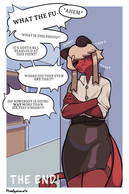 angry bottomwear clothed clothed_humanoid clothing crossdressing dialogue femboy hair laugh long_hair male obscured_eyes office post-it_note red_body skirt solo spade_tail tail text theelgenerate levi_(theelgenerate) humanoid imp 2025 2:3 comic english_text hi_res nonbinary_(lore)