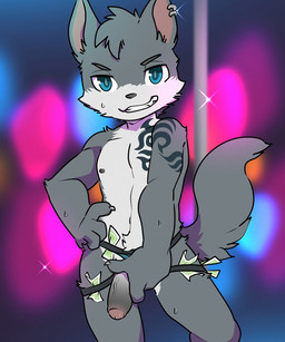 anthro banknote blue_eyes bodily_fluids ear_piercing ear_ring foreskin fur genitals glans grey_body grey_fur half-erect humanoid_genitalia humanoid_penis male money nipples partially_retracted_foreskin penis piercing ring_piercing shota solo stripper sweat tail tattoo vein veiny_penis young young_anthro young_male oouyuki_benten canid canine canis mammal wolf 2017 5:6