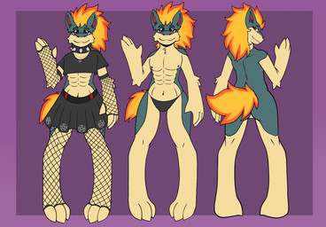 abs alternative_fashion anthro armwear blue_body blue_fur bottomwear clothed clothing collar crop_top crossdressing eyeliner femboy fishnet_armwear fishnet_clothing fur goth legwear makeup male multicolored_body red_eyes shirt skirt solo spiked_collar spikes tail tan_body tan_fur topwear two_tone_body underwear queenrupti nintendo pokemon tiffany_(ashe_infinity) generation_2_pokemon pokemon_(species) quilava hi_res model_sheet