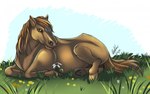 ambiguous_gender facial_markings feral flower grass hair head_markings hooves looking_down lying markings on_front plant simple_background smile solo tail tan_body tan_hair tan_tail kaeaskavi pearl_(wasen) equid equine horse mammal digital_media_(artwork)