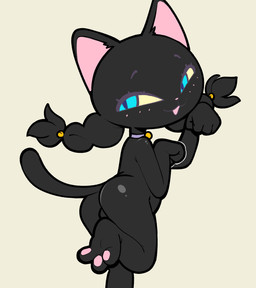 :3 anthro black_body black_ears black_fur black_hair black_tail blue_eyes blue_pupils butt collar eyebrows eyelashes female freckles fur hair loli long_tail narrowed_eyes open_mouth open_smile paw_pose pawpads pigtails pink_inner_ear pink_nose pink_pawpads pose pupils purple_collar purple_eyebrows purple_eyelashes simple_background smile solo squint tail yellow_sclera young itsunknownanon rakkitty_(hoshime) domestic_cat felid feline felis mammal 2026 digital_media_(artwork) hi_res
