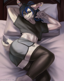 anthro bed bedroom black_hair black_spots blue_highlights bottomwear claws clothing crop_top dolphin_shorts ear_piercing ear_ring femboy fur furniture green_eyes hair highlights_(coloring) industrial_piercing industrial_piercing_ladder inside legwear lgbt_pride male markings nails nonbinary_pride_colors on_bed pansexual_pride_colors piercing pillow ponytail pride_color_piercing pride_colors ring_piercing shirt shorts solo spots spotted_body stockings tail thigh_highs topwear twunk white_body white_fur solarflare02 jayne_doe_(tsarfox64) blanc_de_hotot domestic_rabbit lagomorph leporid mammal oryctolagus rabbit 2025 absurd_res digital_media_(artwork) digital_painting_(artwork) hi_res painting_(artwork) nonbinary_(lore)